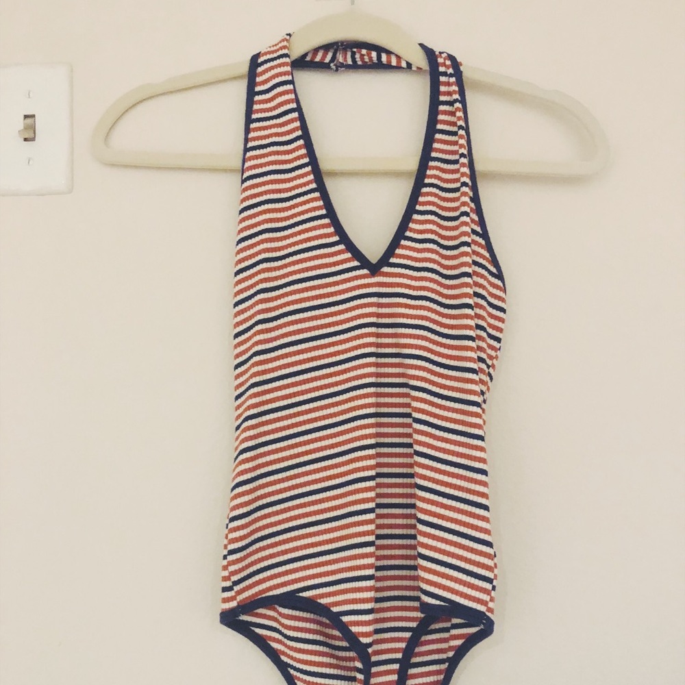 Navy-orange striped halter bodysuit